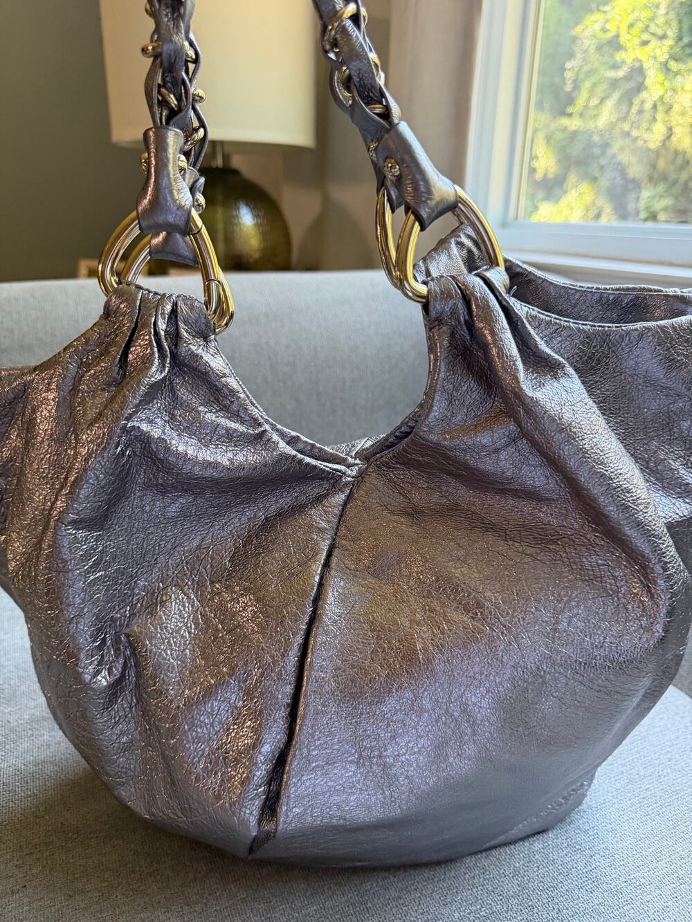 Elliot Lucca Silver Metallic Leather Shoulder Handbag Gold Braided Handles Boho